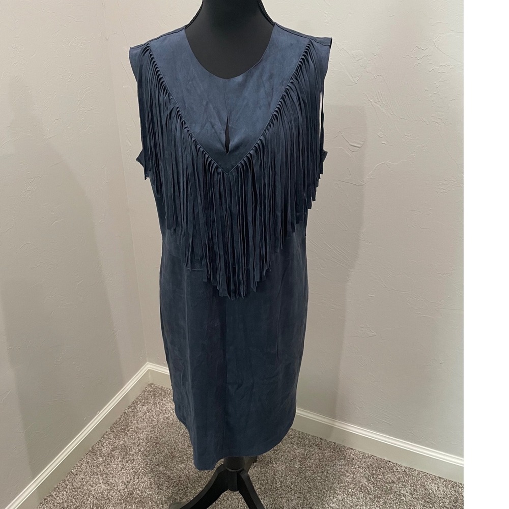 GB Gianni Bini Navy Blue Faux Suede Fringe V-Neck Shift Dress Large GB7582SSE
